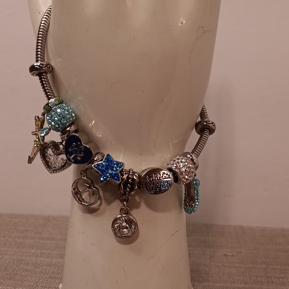 Silver Tone Charm Bracelet Tinkerbell Star Moon Hearts Rhinestones 8" Long